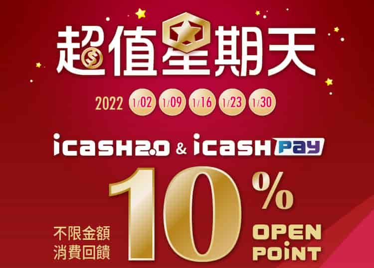 icash Pay 或 icash 2.0 功能於指定通路每週日消費，就享 10% OPENPOINTS 回饋