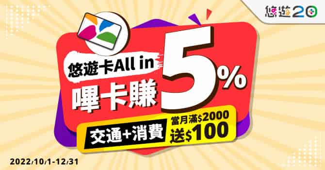 悠遊卡交通、消費當月累積滿 NT$2,000，登錄後限量回饋 NT$100