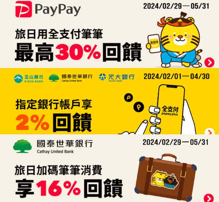 於日本 PayPay 平台使用全支付連結國泰世華帳號消費，最高享 30% 優惠