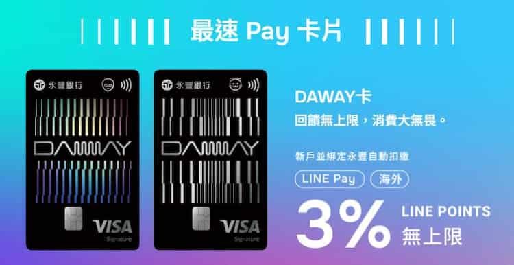新戶申請且綁自動扣繳 DAWAY 卡，國外或 LINE Pay 享 3% 回饋