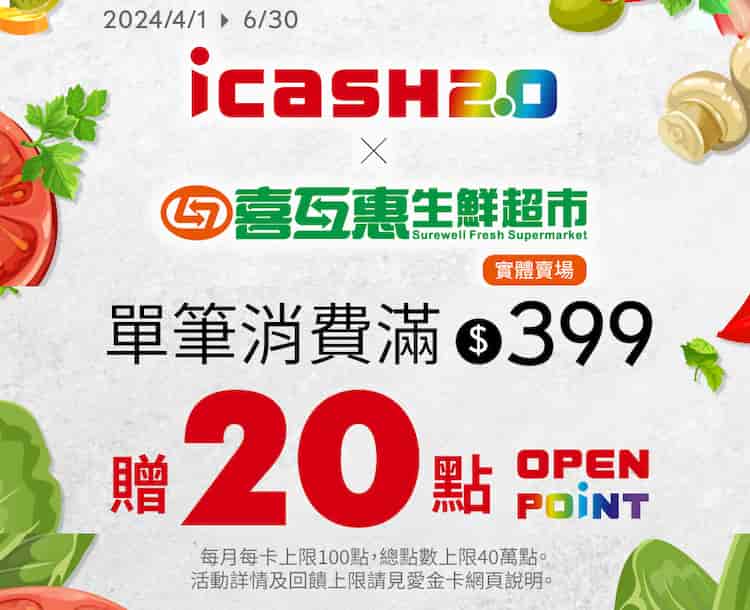 icash 2.0 於喜互惠實體賣場消費，單筆滿 NT$399 贈 20 點 OPENPOINTS