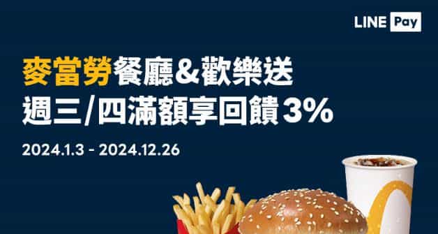 麥當勞餐廳或歡樂送用 LINE Pay 消費，週三、四滿額享 3% 回饋