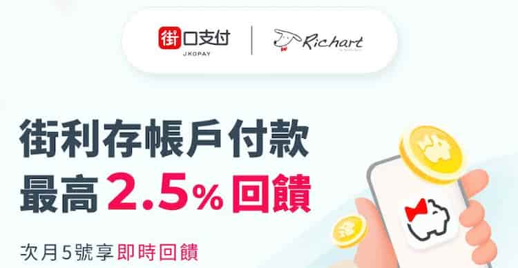 街口支付綁街利存帳戶消費，按照會員等級最高享 2.5% 回饋