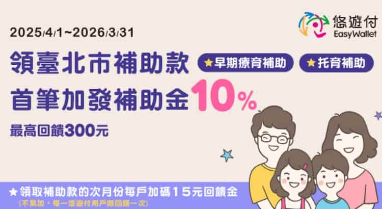 悠遊付繳納補助款,單筆滿額享最高 10% 回饋
