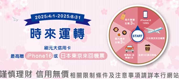 元大信用卡滿足指定條件後，每月可參與 1 次輪盤抽獎