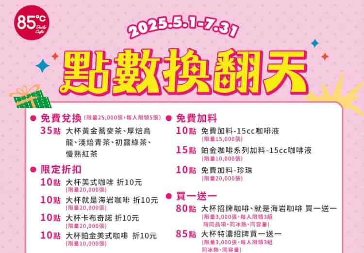 85度C 點數可用於兌換指定飲品、額外咖啡液、加料等