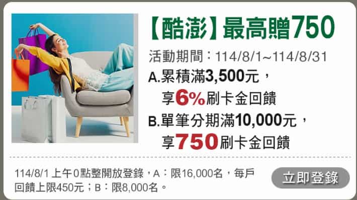 中信卡於酷澎消費滿額，最高贈 6% + 分期滿額贈 NT$750 刷卡金