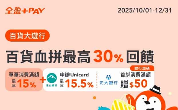 全盈 Pay 於指定百貨通路消費，單筆滿額贈 27,000 Fa 點