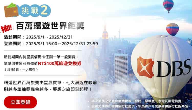 星展信用卡一般消費贈抽獎機會,登錄後抽雄獅旅遊 NT$100 萬旅遊兌換券