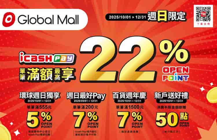 於環球購物中心使用 icash Pay 於周日消費，滿額享額外回饋