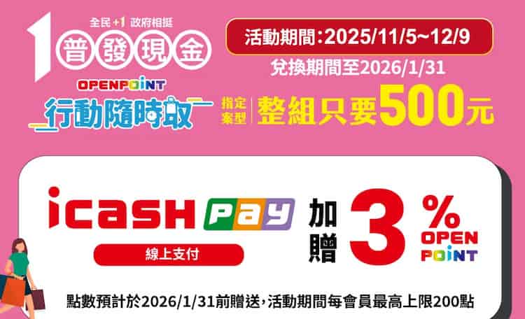 行動隨時取購買指定普發案型商品，用 icash Pay 消費享 3% 回饋