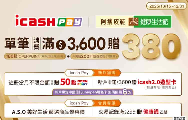 於阿瘦皮鞋用 icash Pay 消費，單筆滿額贈 180 點 + $200 折價券