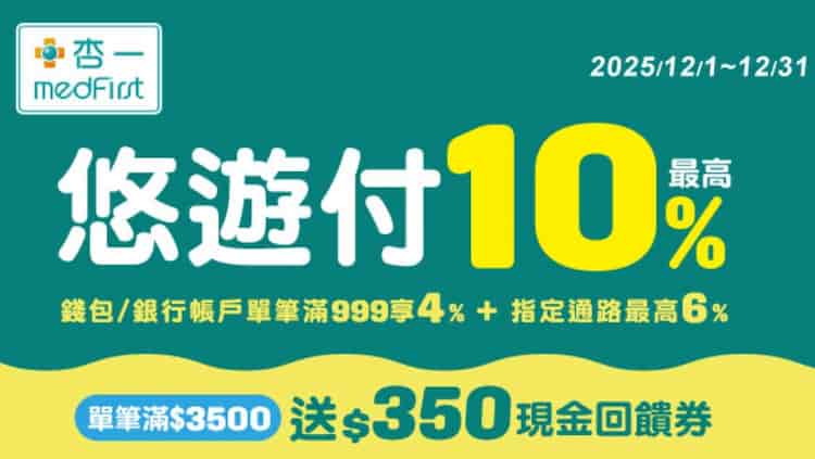 於杏一醫療用品用悠遊付消費,單筆滿 NT$999 享額外 4%、滿額再贈 $350 回饋券