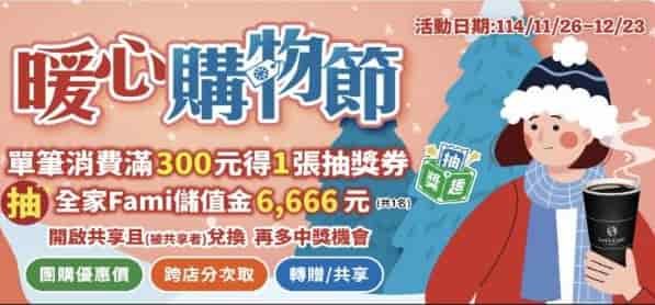 全家行動購消費滿額贈抽獎券，抽 Fami 儲值金 $6,666