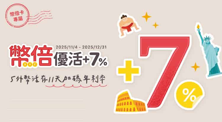 幣倍卡舊戶約定外幣帳戶與幣別，每日增量金額可享 11 天定存 7% 加碼年利率