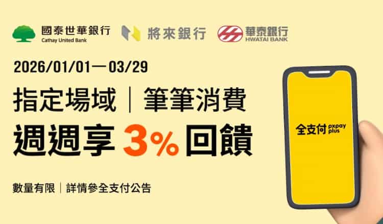 全支付連結指定銀行帳戶消費，享額外 3% 全點回饋