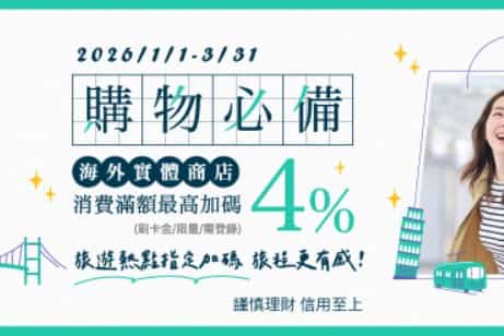 國外實體消費滿額,登錄後享超過 NT$4 萬金額部分最高 4% 回饋
