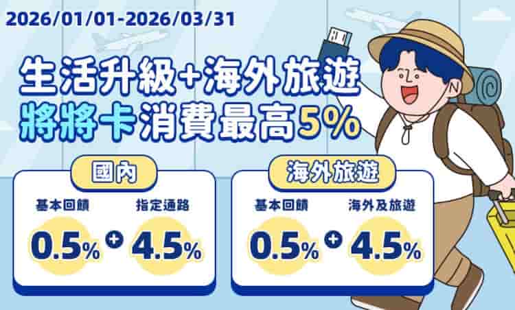 將將卡於國內外指定通路消費，最高享 5% 回饋