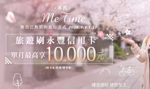 旅遊刷永豐信用卡消費,單月滿額登錄後最高贈 NT$10,000