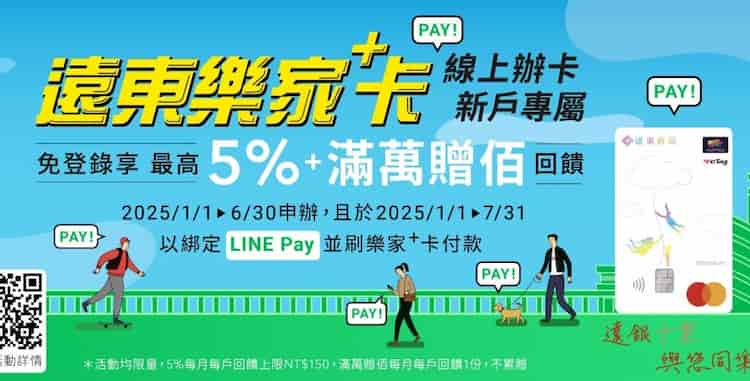 線上申辦遠銀樂家卡，核卡後綁 LINE Pay 消費，享 5% 刷卡金回饋