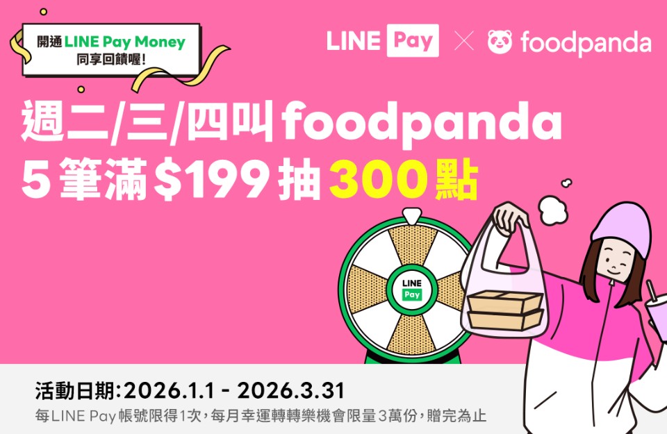 週二、三、四於 foodpanda 用 LINE Pay 消費，滿 5 筆 NT$199 抽最高 300 點