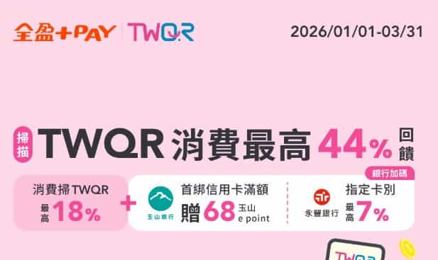 TWQR 掃碼通路用全盈 Pay 消費，指定日單筆消費滿額最高享 18% 回饋
