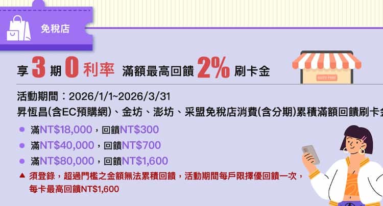 免稅店刷遠銀卡消費，累積滿額回饋刷卡金