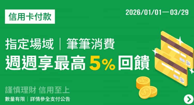 全支付綁指定銀行信用卡，最高享額外 5% 全點回饋