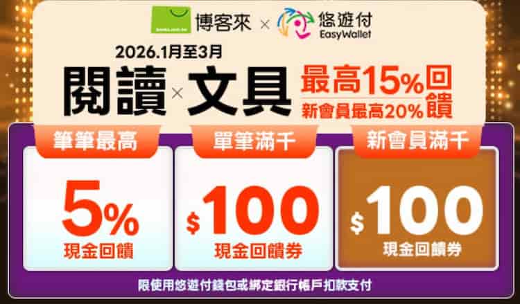 悠遊付於博客來消費，單筆滿 NT$1,000 贈 $100 回饋券