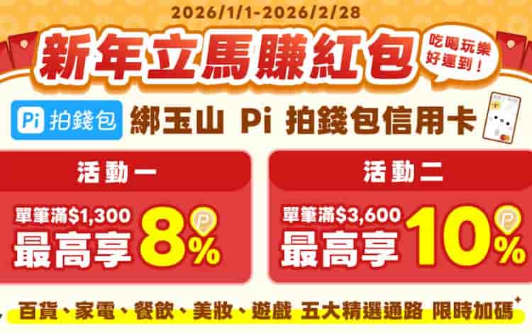 Pi 拍錢包綁 Pi 拍錢包信用卡於指定通路消費，單筆滿額最高 10% 回饋