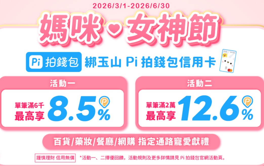 Pi 拍錢包信用卡綁 Pi 拍錢包於指定通路消費滿額，最高贈 2,000 P 幣