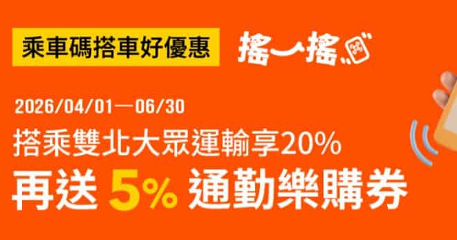 使用全支付乘車碼搭乘台北捷運、雙北公車享 20% 回饋，再贈 5% 樂購券