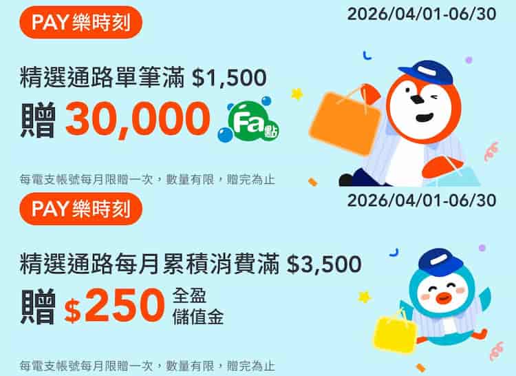 全盈 Pay 於指定通路消費，單月累積消費滿額贈 Fa 點或全盈儲值金