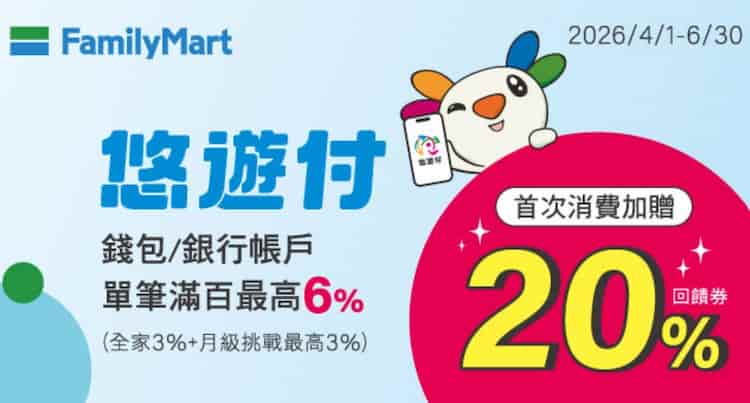 全家門市用悠遊付消費，享額外 3% + 首筆贈滿額 20% 回饋券