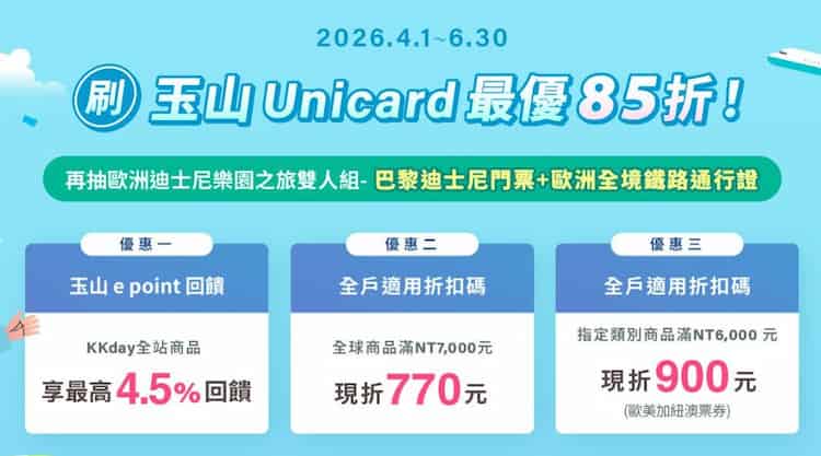 Unicard 於 KKday 購買指定類商品，單筆滿額最高折 NT$900 + 最高 4.5% 回饋