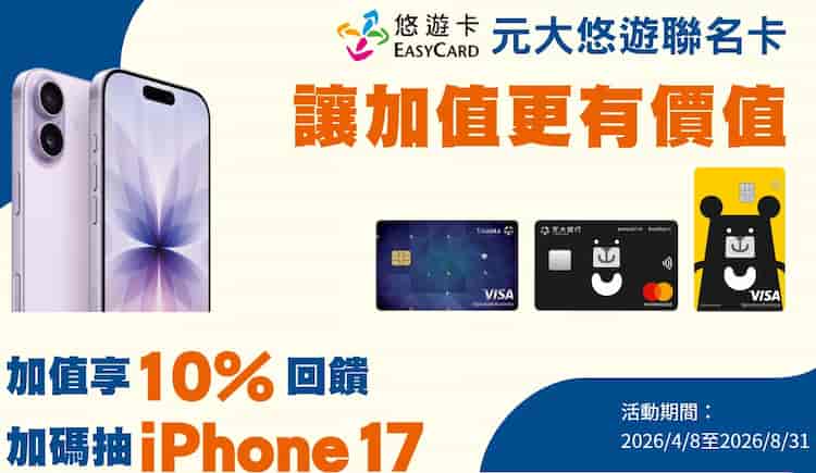 元大悠遊聯名卡用悠遊卡自動加值享登錄後 10% 回饋、消費滿額再抽 iPhone 17