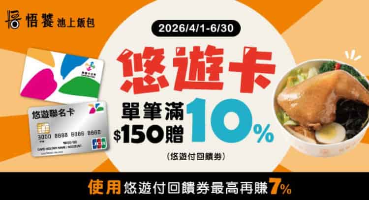 記名悠遊卡於悟饕池上飯包單筆消費滿額，贈 10% 悠遊付回饋券