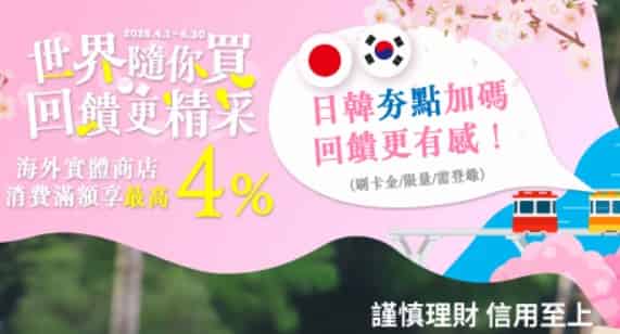 國外日韓實體消費刷永豐信用卡，登錄後最高享 4% 回饋