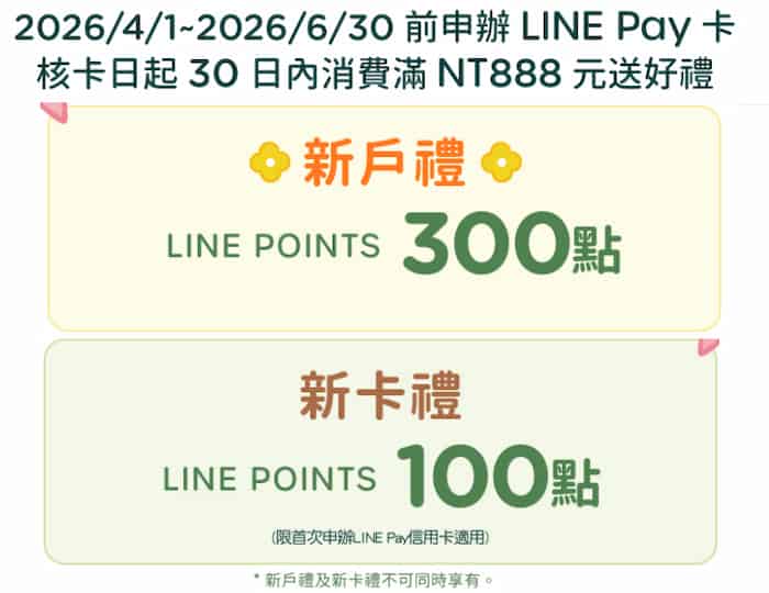 申請中信 LINE Pay 卡，核卡後 30 日消費滿 NT$888，新戶贈 300 點、舊戶贈 100 點