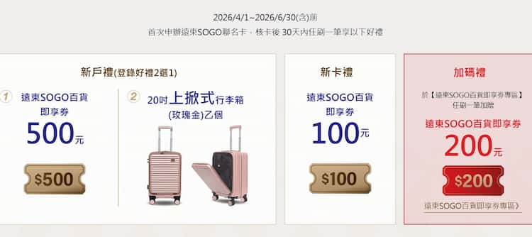 中信新戶申請 SOGO 聯名卡,滿足首刷條件享新戶好禮二選一、舊戶贈 $100 即享券