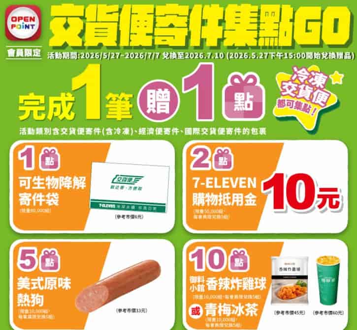 OPENPOINT 會員每完成 1 筆贈 1 點，可兌換寄件袋、NT$10 7-11 購物抵用金