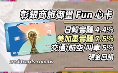 彰銀商旅御璽Fun心卡：最高美加墨實體7.5%/指定交通航空5%/咖啡售票3%