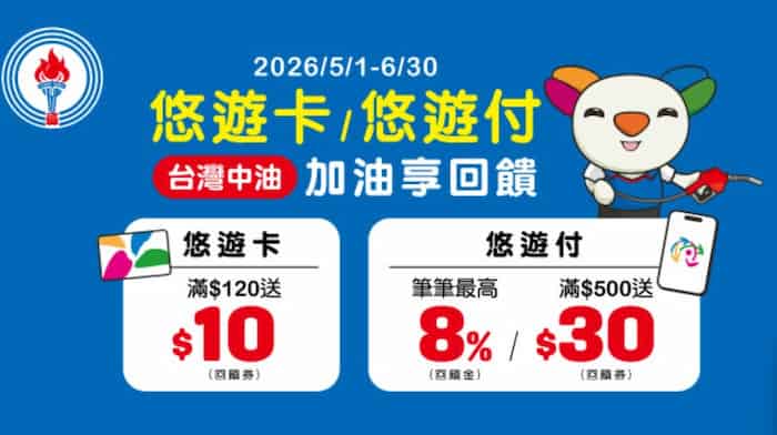 悠遊付於台灣中油支付，享額外 5% 回饋、滿額再贈 $30 悠遊付券