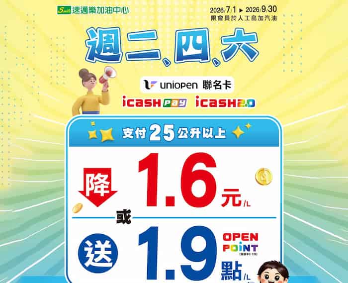 uniopen 會員於週二、四、六於速邁樂加油站加油,單筆滿公升每公升降 NT$1.6 或贈 1.9 點
