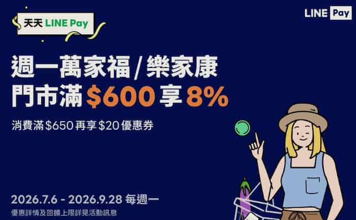 萬家福、樂家康門市用 LINE Pay 消費，週一單筆滿額享 8% 回饋，滿額贈 $20 優惠券