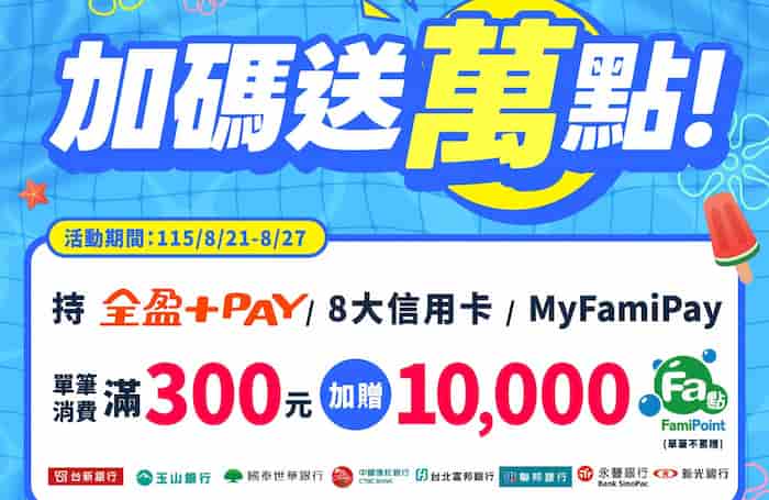 全家使用指定支付或銀行信用卡單筆消費滿額，加贈 10,000 Fa 點