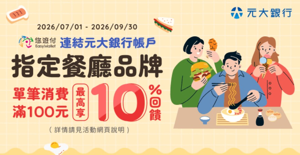 悠遊付綁元大帳戶於指定餐廳單筆消費滿 NT$100，最高享 10% 回饋