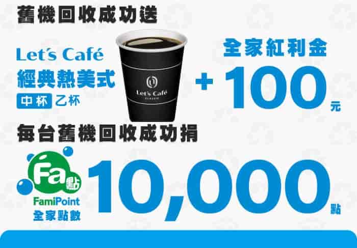 於全家舊機回收，贈熱美式、$100 全家紅利金，再捐 1 萬 Fa 點到食物銀行