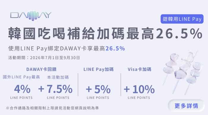 LINE Pay 綁 DAWAY 卡於韓國指定通路消費，最高享 26.5% 回饋