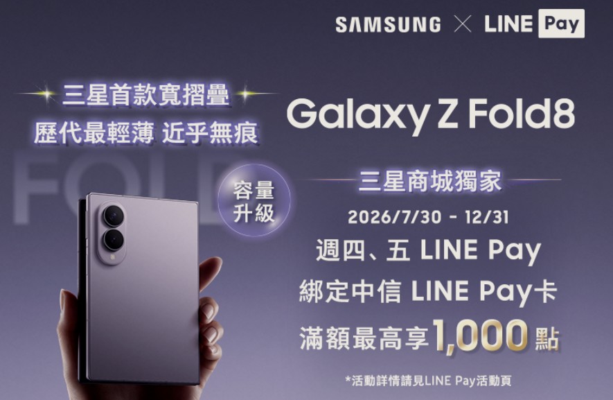 中信 LINE Pay 卡綁 LINE Pay 於三星消費，週四五消費滿額最高贈 1,000 點